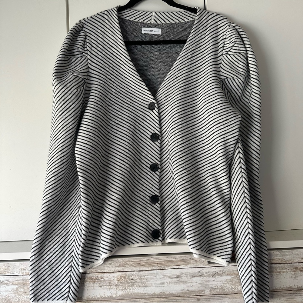 🤍 Nine West Striped Cardigan L Puff Sleeve Button Front